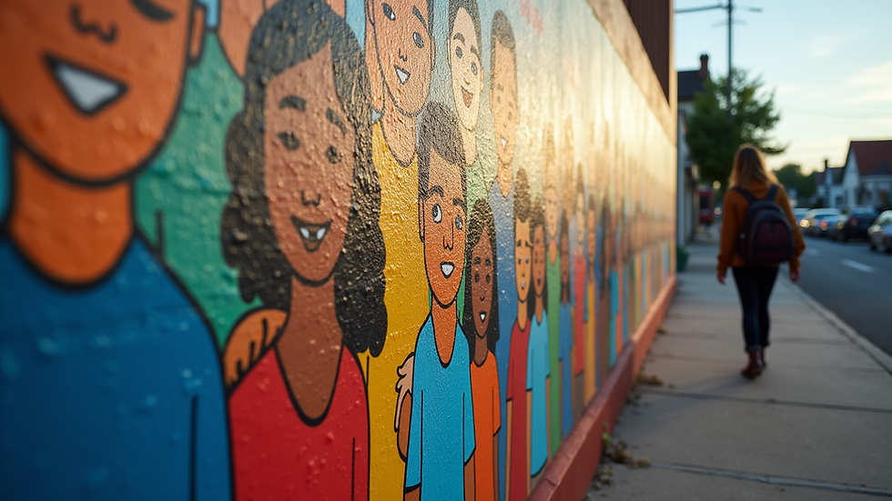 Eye-level view of a vibrant mural depicting community unity