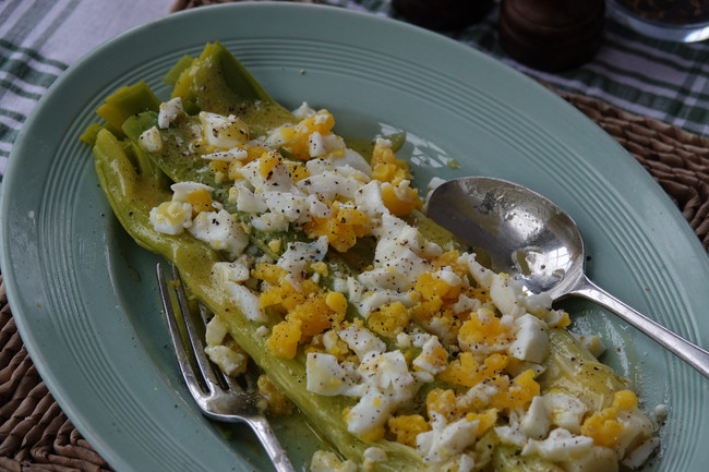 Leeks with hard boiled eggs in mustard vinaigrette