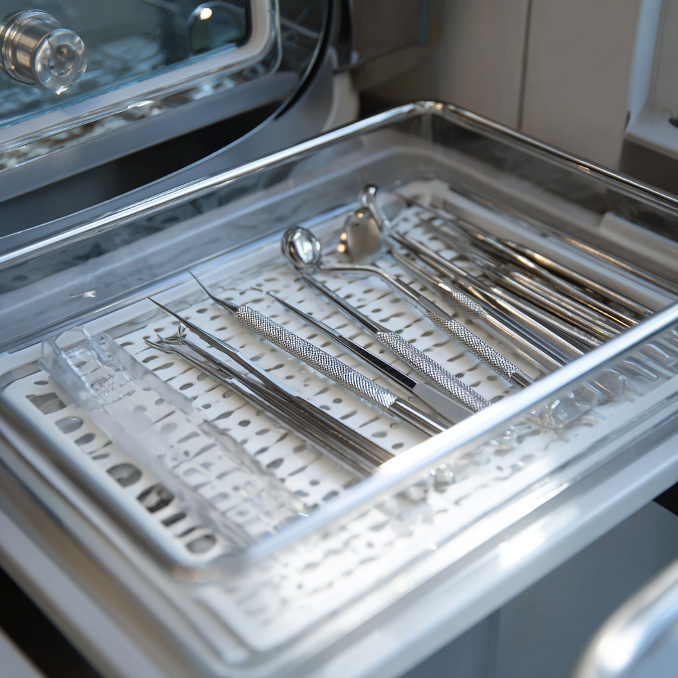 Sterilized dental tools in a tray inside a sterilizer. Stainless steel instruments, reflective surfaces, and a clinical setting.