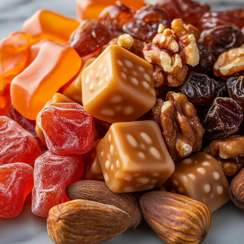 Assorted snacks on a marble surface: caramel cubes, orange and red gummies, walnuts, almonds, and raisins. Bright, colorful, appetizing.