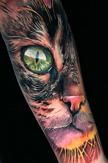 Amazing cat eye realism tattoo in bold color realism by Molina at Tattoolicious Honolulu