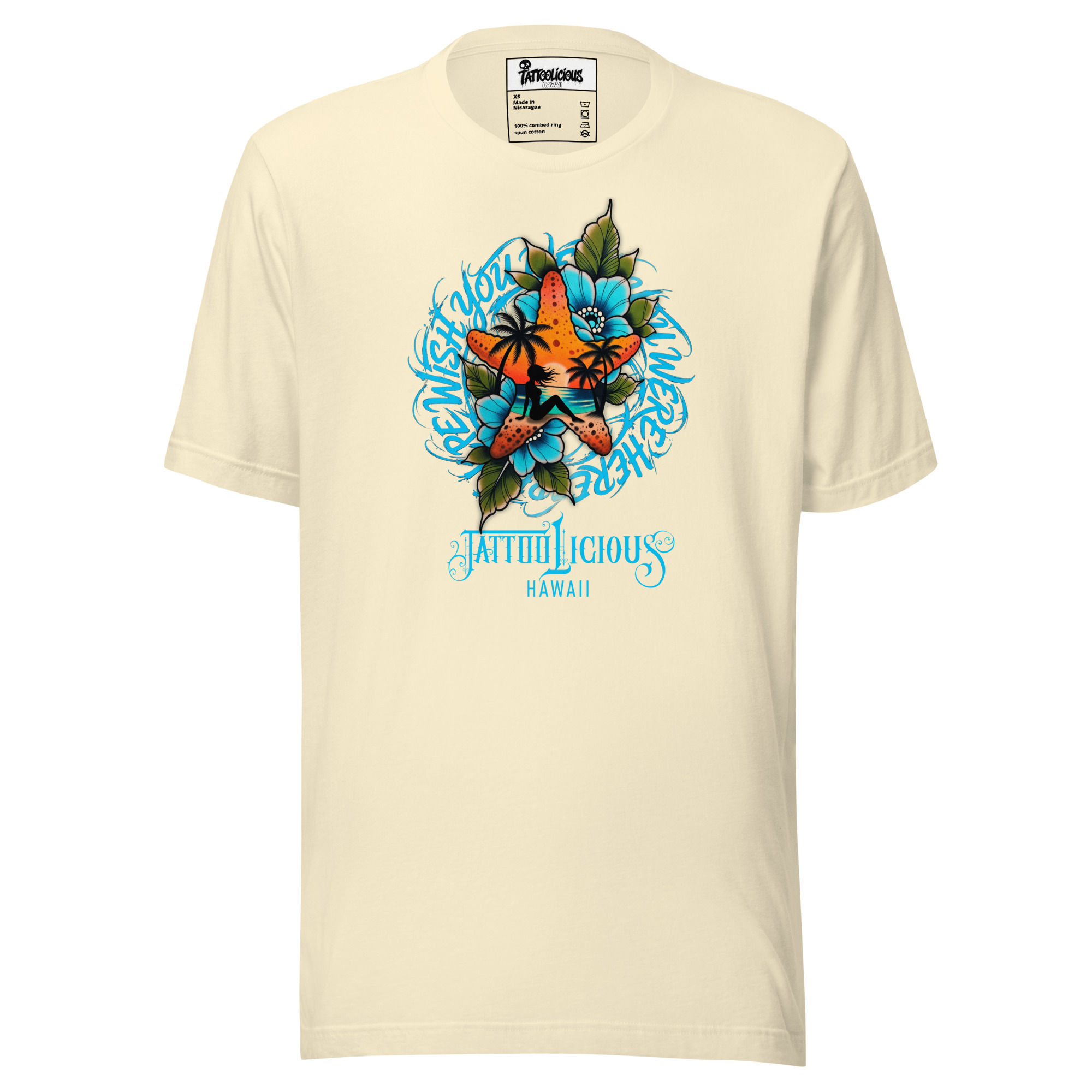 Tattoolicious Wish You Were Here T-Shirt in Pebble with a lady on a starfish in a Hawaii sunset
