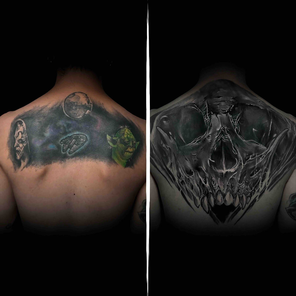 Skull backpiece cover up tattoo honoolulu