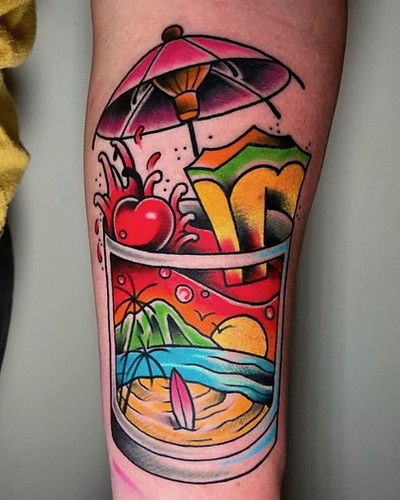 An epic Neo traditional tattoo of a Hawaii cocktail drink done by Huevo at Tattoolicious