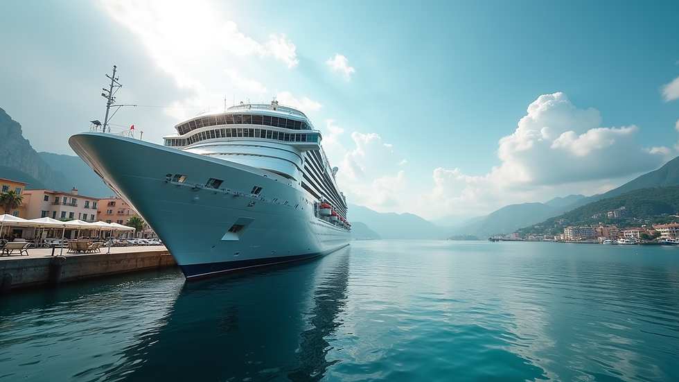Eye-level view of a luxury cruise ship docked at a serene harbor