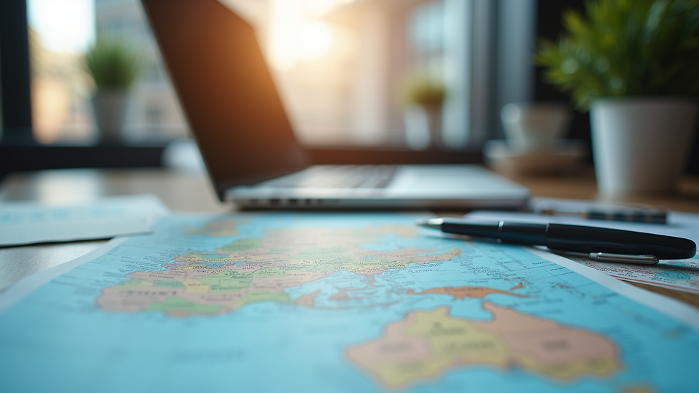 Close-up view of a travel agent’s desk with maps, brochures, and a laptop