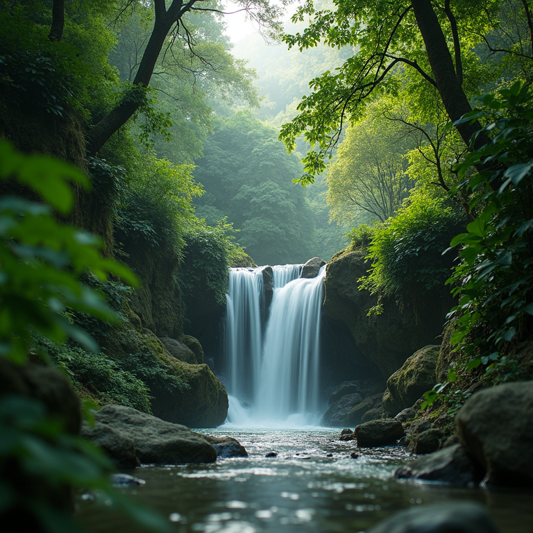 Stunning tropical waterfall cascading into a natural pool surrounded by dense forest