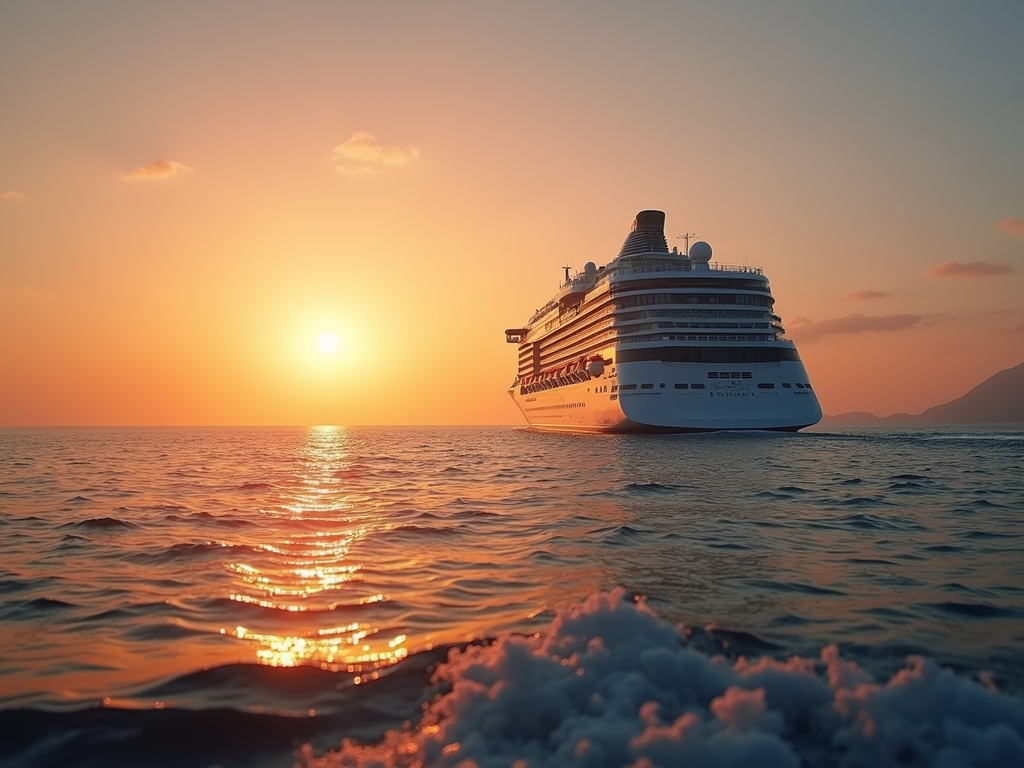 Luxury cruise ship sailing on the calm ocean during a golden sunset