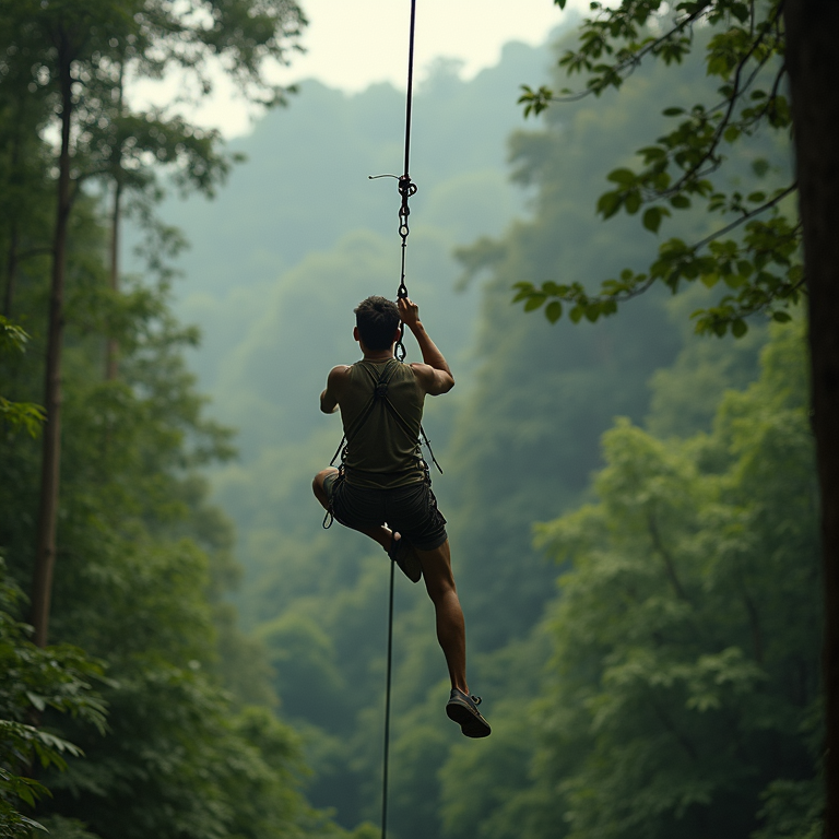 Person zip lining through a lush green jungle canopy for an outdoor adventure