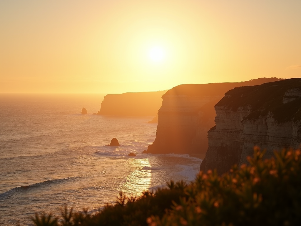 Dramatic coastal cliffs bathed in the warm golden light of a summer sunset.