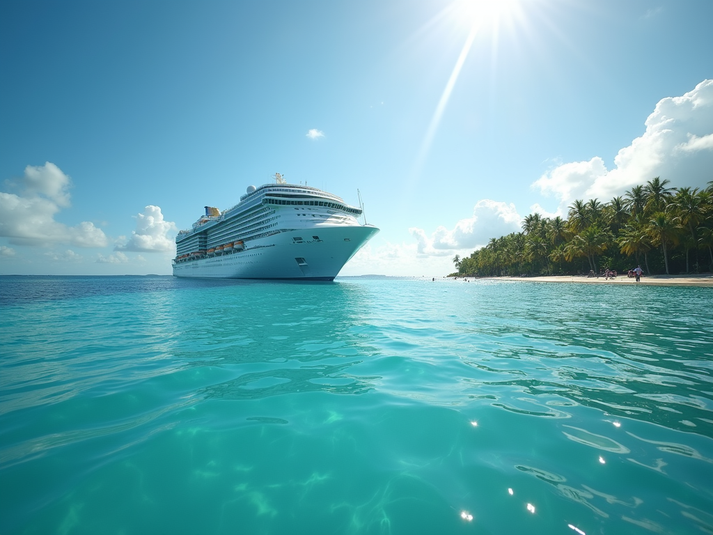 A fun and vibrant cruise ship sailing on the bright blue ocean near a tropical island