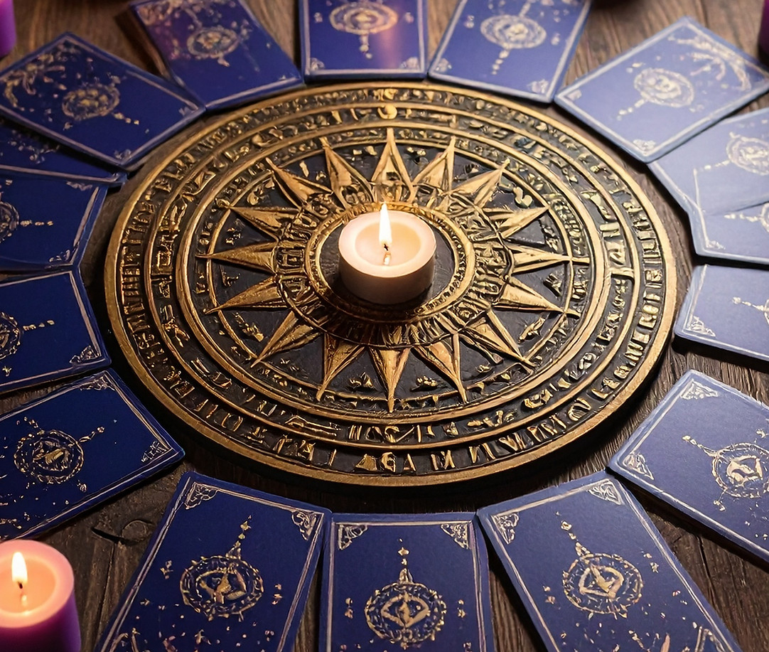 Firefly_Oshun card deck spread out circular on Egyptian wooded table , accent of purple ca