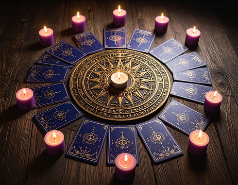 Firefly_Oshun card deck spread out circular on Egyptian wooded table , accent of purple ca