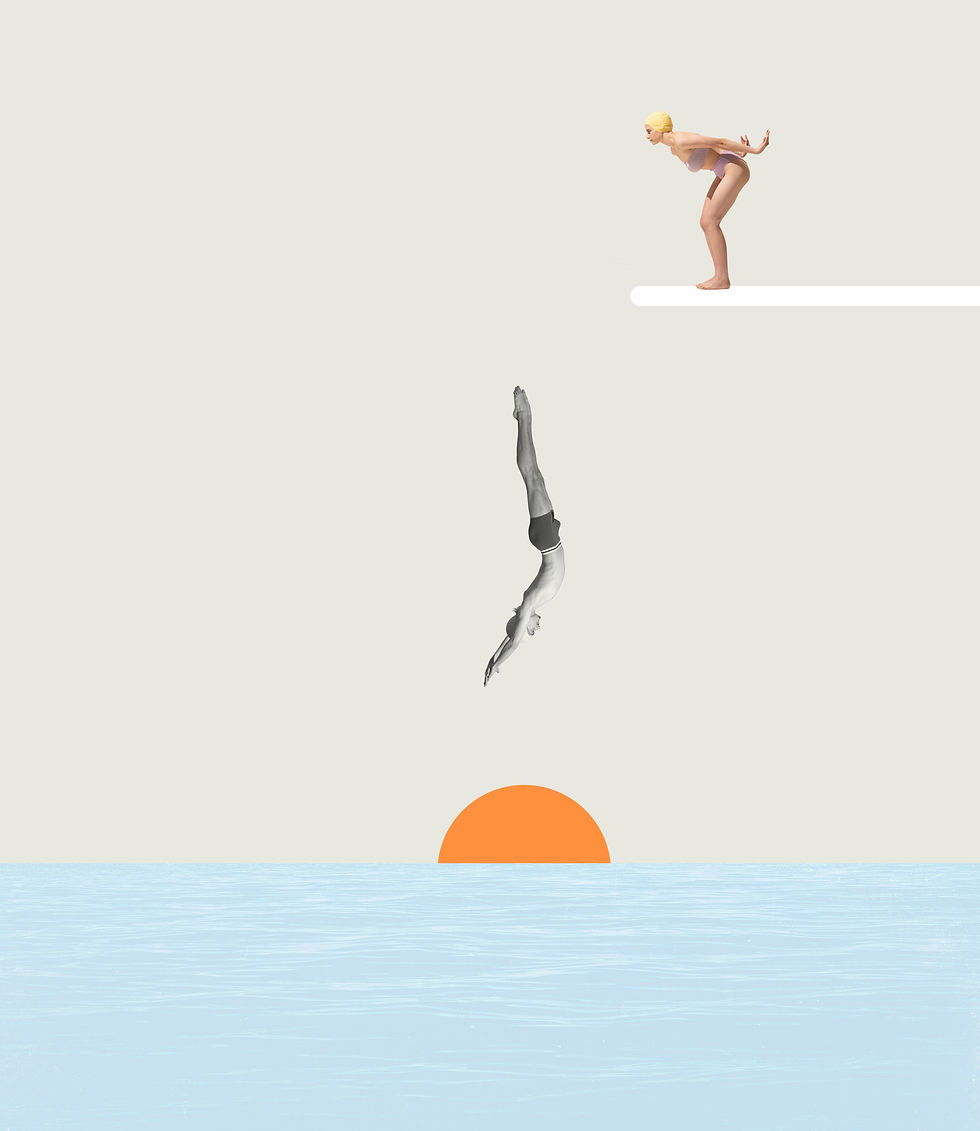 Contemporary art collage. Man and woman in swimming suits diving into sea. Summertime holi