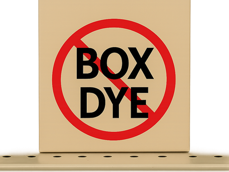 Illustration of box hair dye with a red circle and slash — warning against using box dye