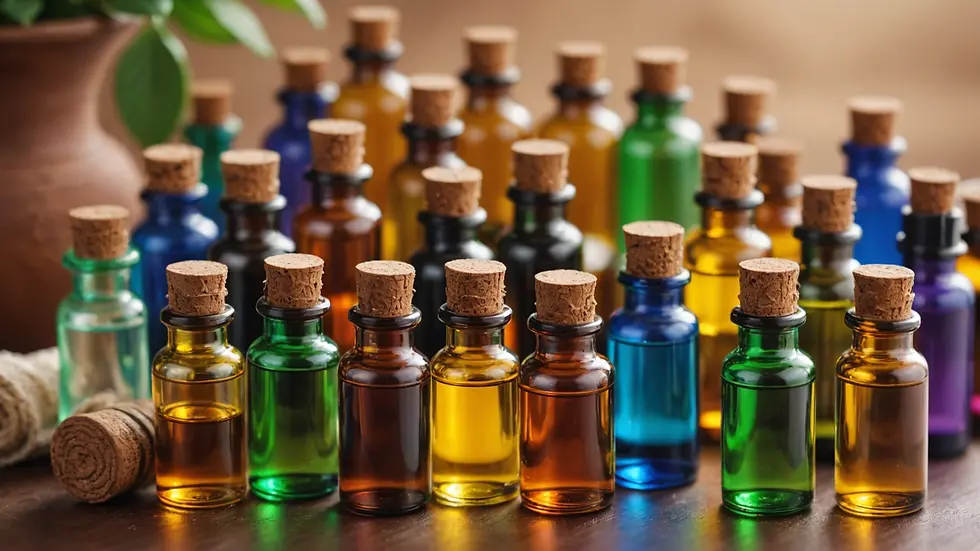 Close-up of beautifully arranged essential oil bottles in various colors