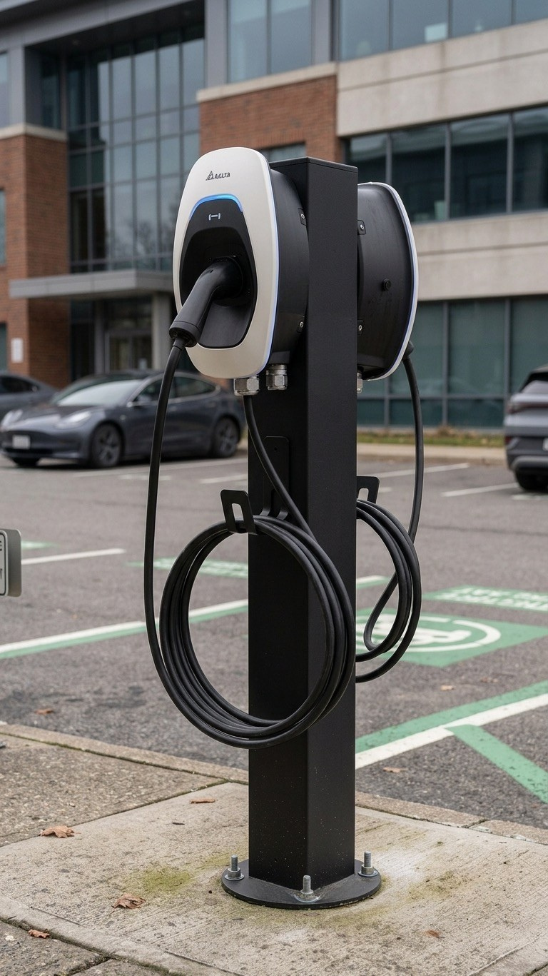 Two Delta AC Max EV Chargers with NHP Charging post in car park