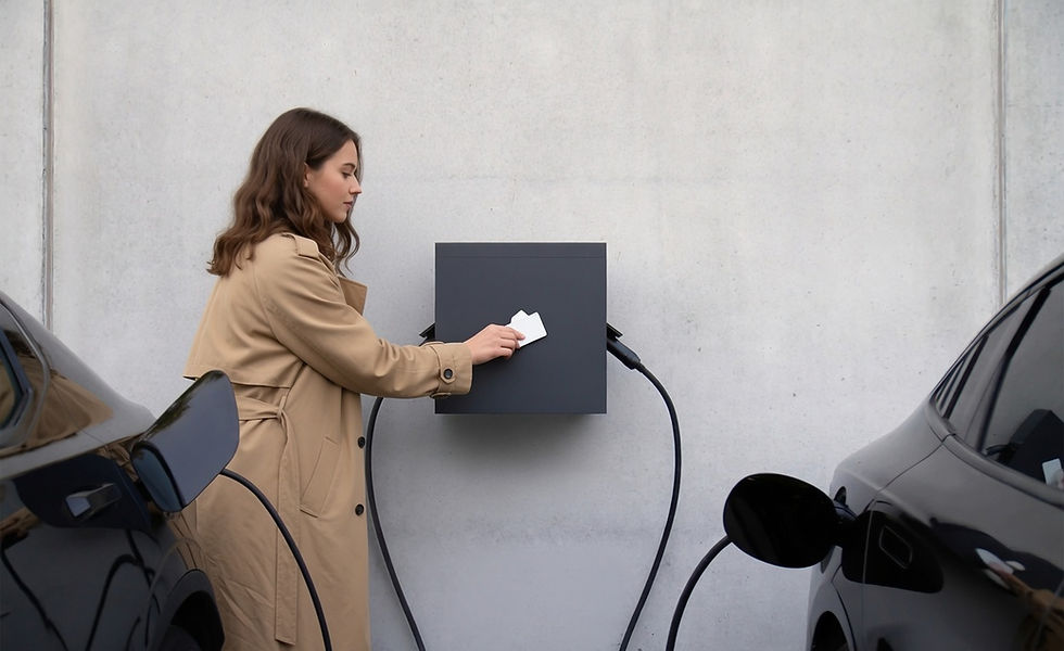 Business woman scanning RFID card on Smappee Ev Charger at work.