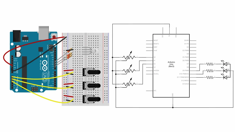 Arduino breadboard and circuit diagram for analog (PWM) output examlple