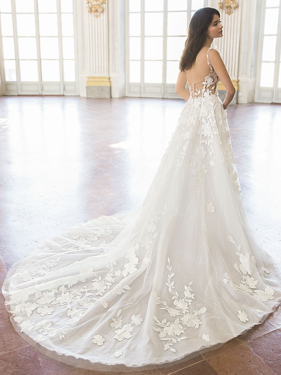 Thumbnail: Taelyn Enzoani Floral A-Line Corset Bodice Wedding Dress BACK