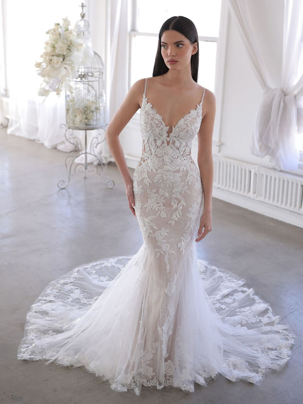 Thumbnail: Olana Blue by Enzoani Floral All Over Lace Fitted Wedding Dress PLUNGE NECKLINE