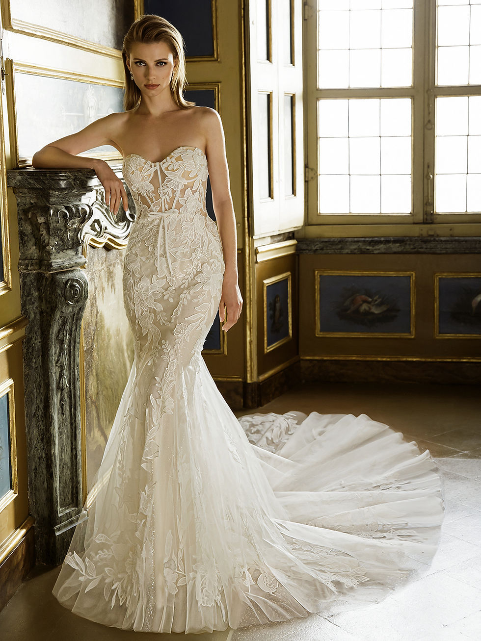 Thumbnail: Blossom penliv fit and flare lace strapless bridal gown