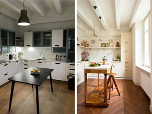 Left image (Before): Before view of a Lake Como kitchen with plain cabinetry and minimal styling, awaiting Italian design transformation. Right image (After): After view of a Lake Como kitchen remodel featuring Italian design with marble backsplash, wood island, and layered sustainable details.