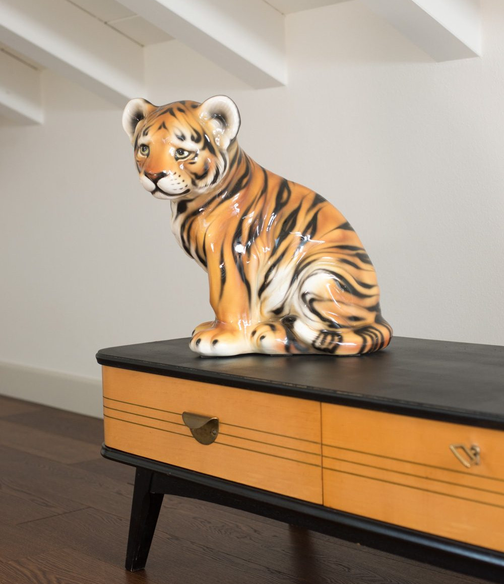 Italian ceramic tiger cub discovered at an antique market in Como and now taking pride of place