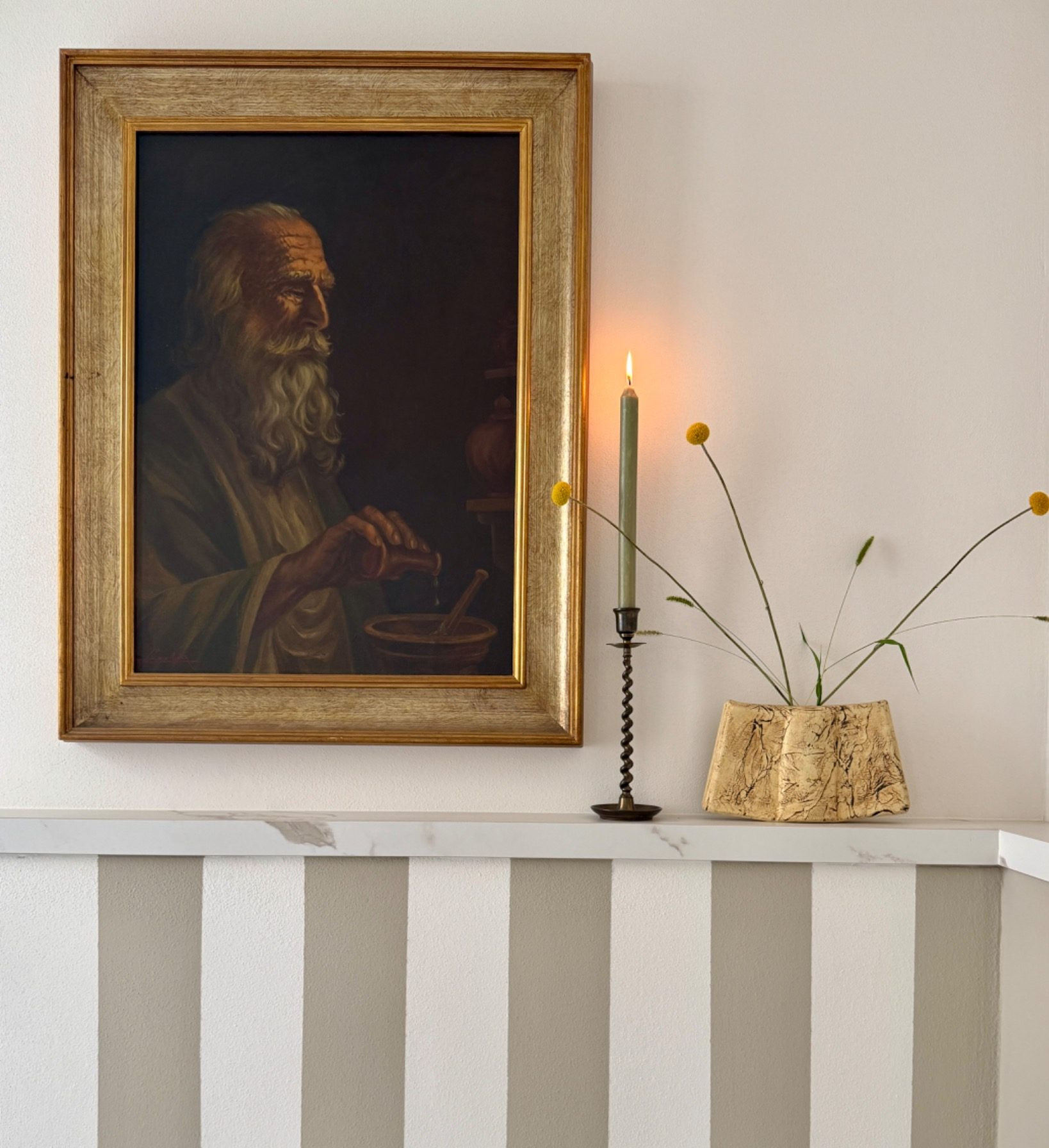 Antique oil painting affectionately nicknamed The Medicine Man, sourced from C'era una Volta and displayed in our Lake Como home.