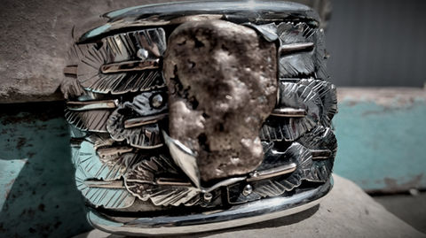 sterling silver cuff bracelet with freedom feathers and copper ingot