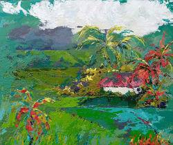 abstract landscape of cocpnut palms and rice fields in sri lanka, sold