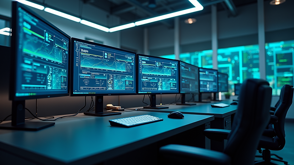 High angle view of a futuristic digital workspace with multiple screens and tech gadgets