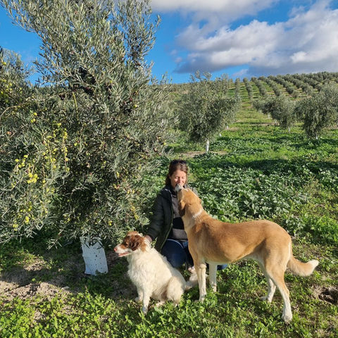 Alexandra dans champ vert avec ses deux chiens