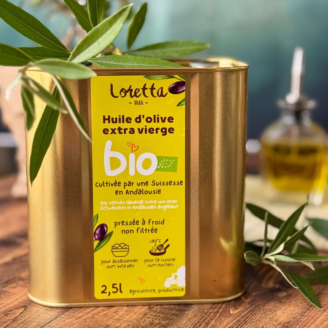 Huile d’olive extra vierge bio Loretta 1888 2,5l en bidon métallique, cultivée en Andalousie