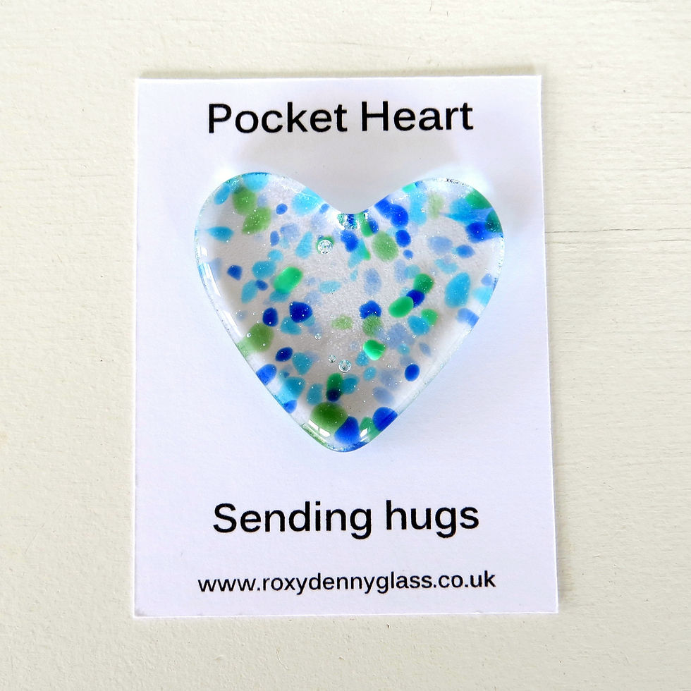 Thumbnail: Blue and green flecked fused glass pocket heart hugs