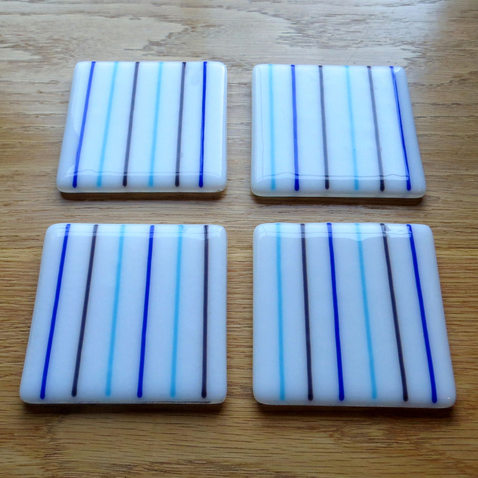 Thumbnail: Handmade white lined fused glass coasters