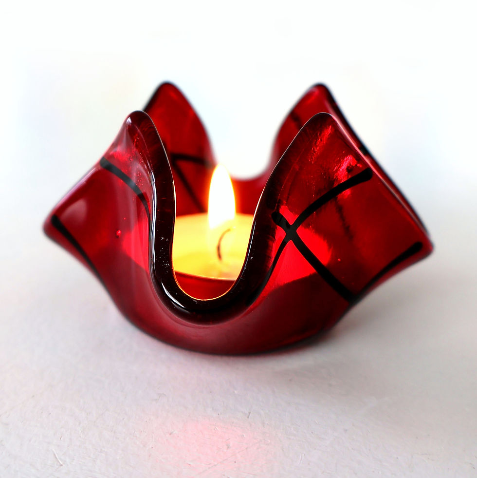Thumbnail: Red lined patterned fused glass candle holder