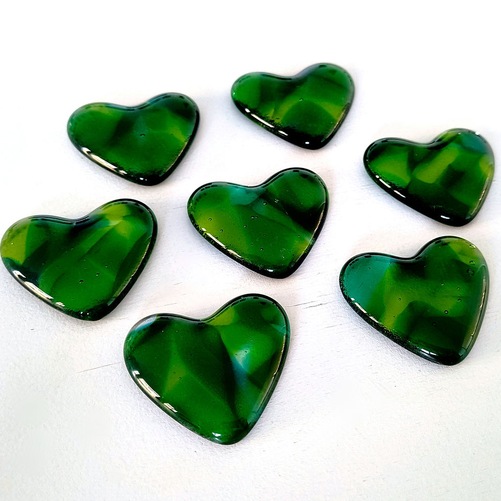 Thumbnail: Green fused glass pocket heart tokens, RD Glass