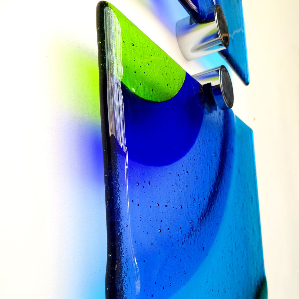 Thumbnail: Blue and green geometric fused glass wall art