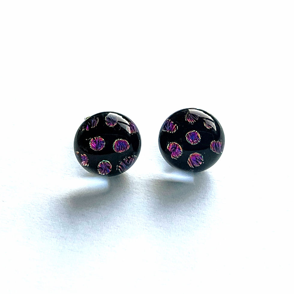 Thumbnail: Black and blue, purple, pink spotted dichroic glass stud earrings