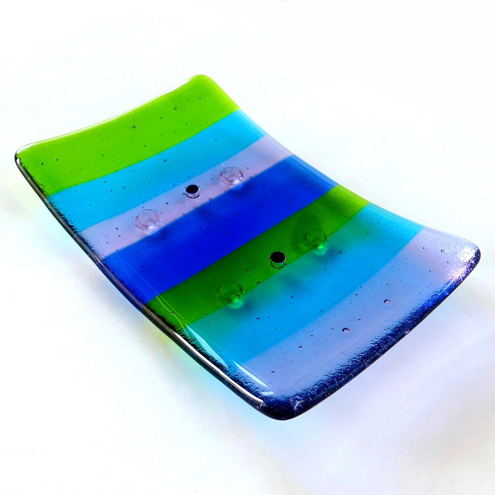 Thumbnail: Blue and purple striped fused glass soap dish