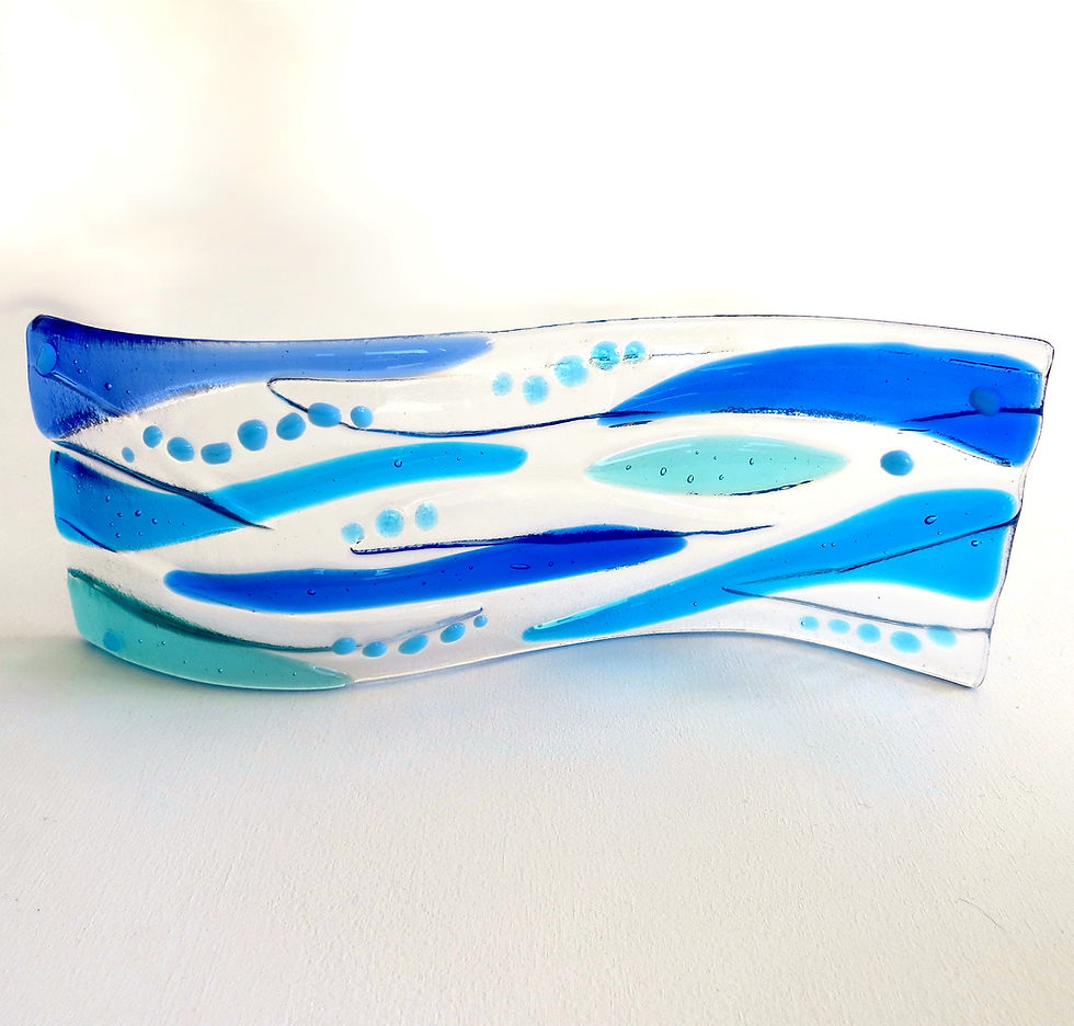Thumbnail: Blue water inspired abstract fused glass wave