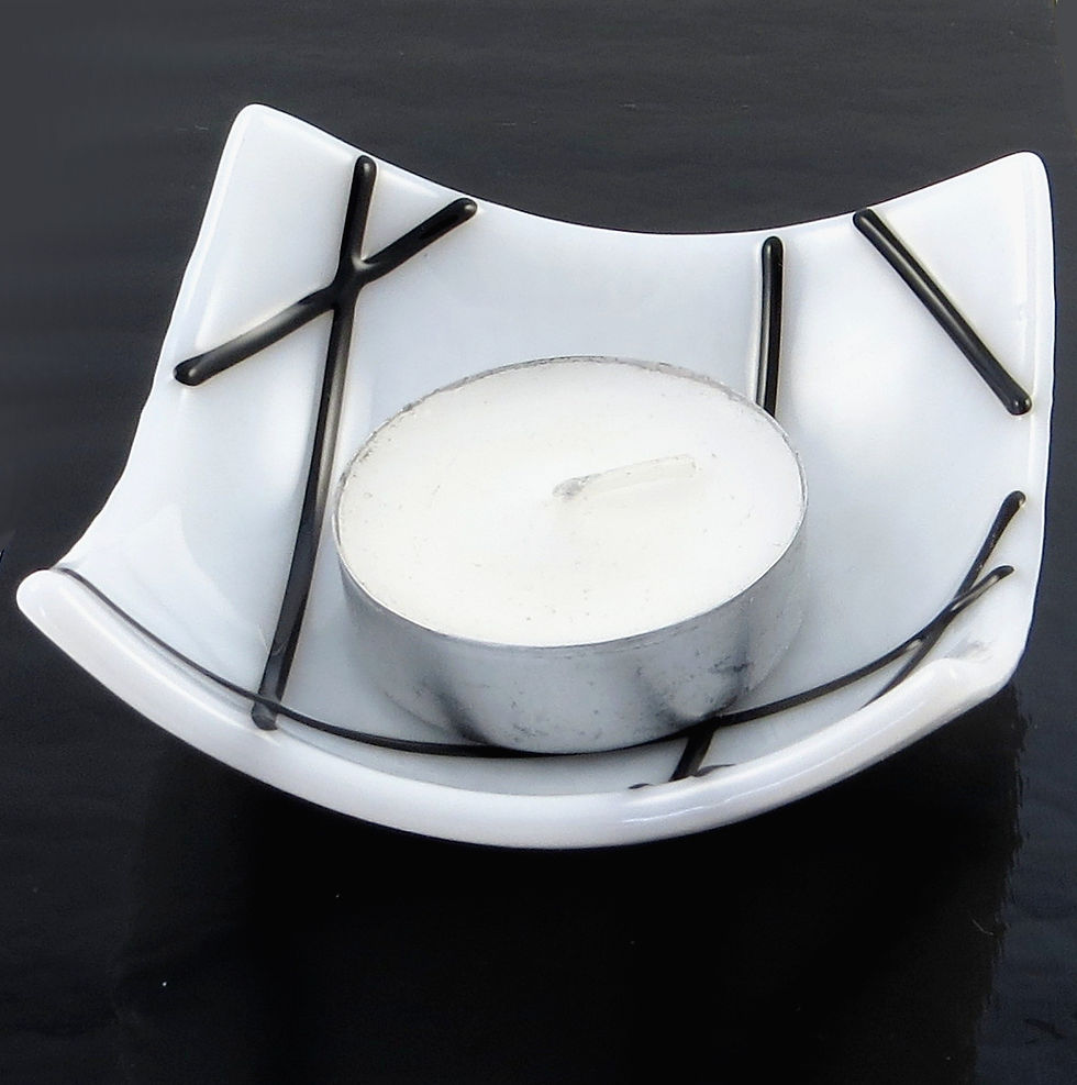 Thumbnail: White lined fused glass tealight holder