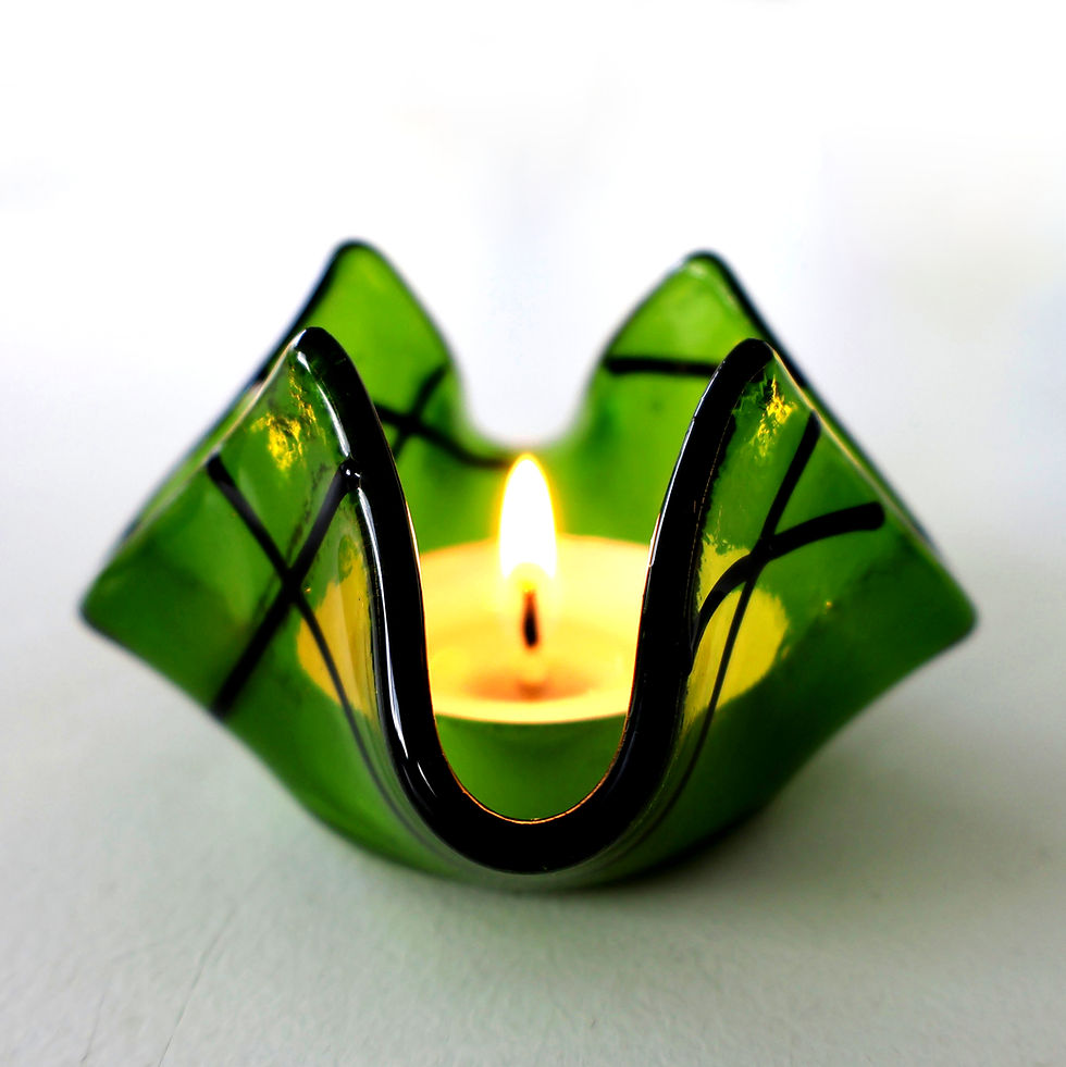 Thumbnail: Green lined patterned fused glass candle holder