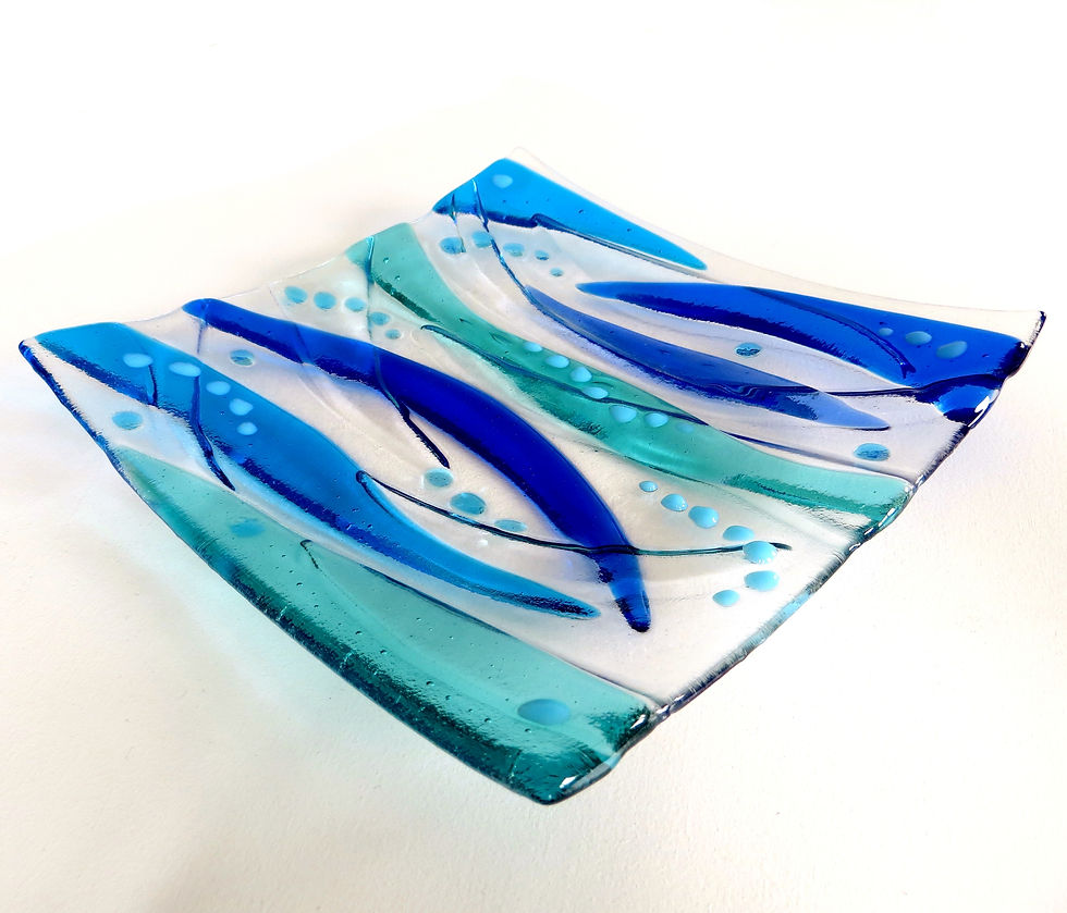 Blue abstract square fused glass dish, RD Glass