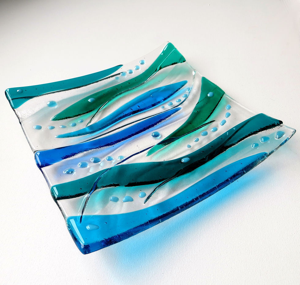 Thumbnail: Blue and green water inspired fused glass bowl, RD Glass