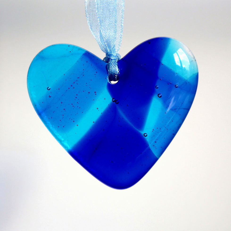 Blue multicoloured fused glass heart hanging, RD Glass