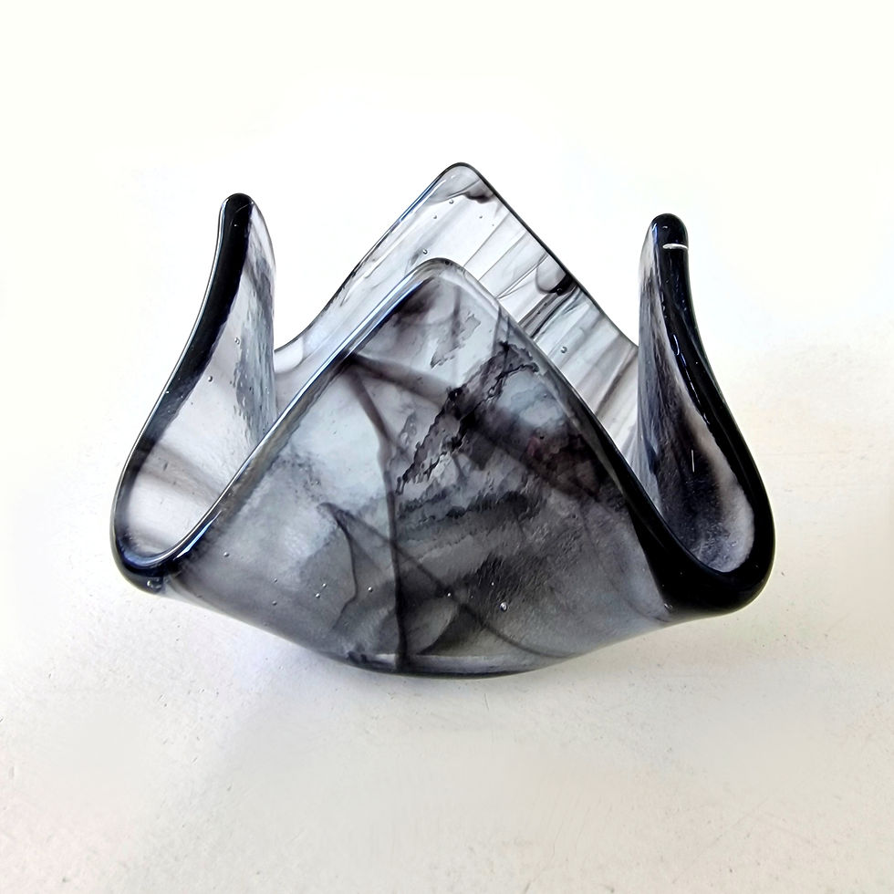 Black and clear patterned fused glass tea light holder