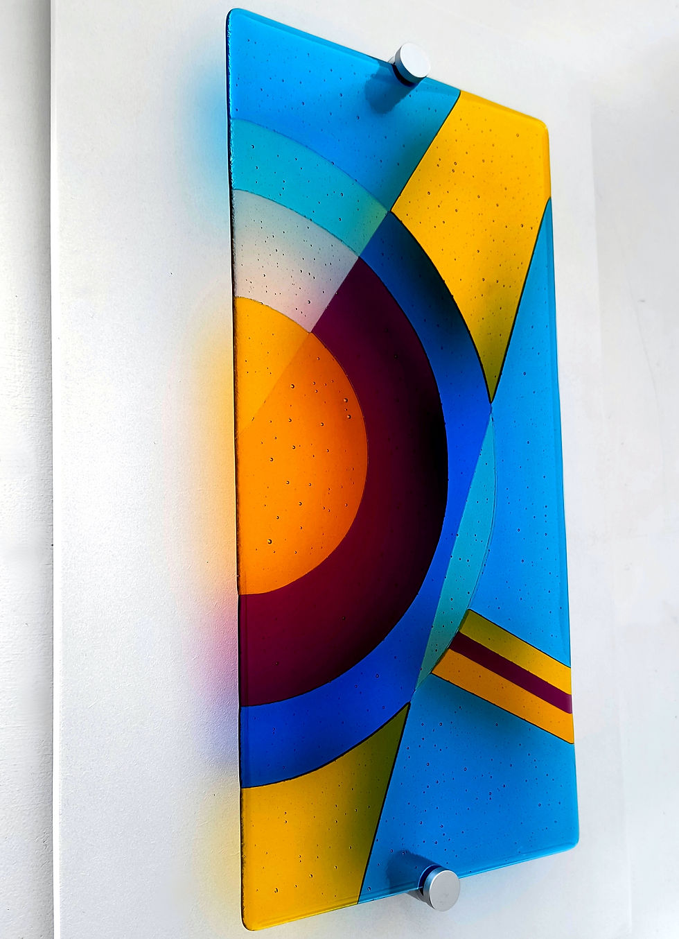 Thumbnail: Geometric blue and yellow fused glass wall art