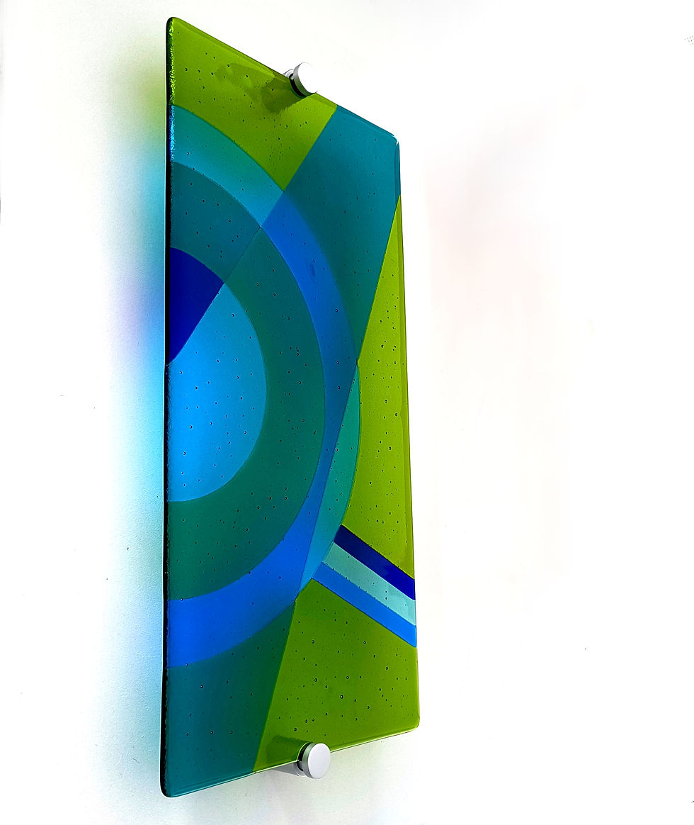 Thumbnail: Handmade geometric blue and green fused glass wall art